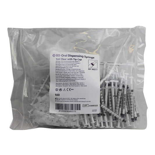 BD Oral Dispensing Syringe  1 ml Clear w/ Tip Cap  100 ct