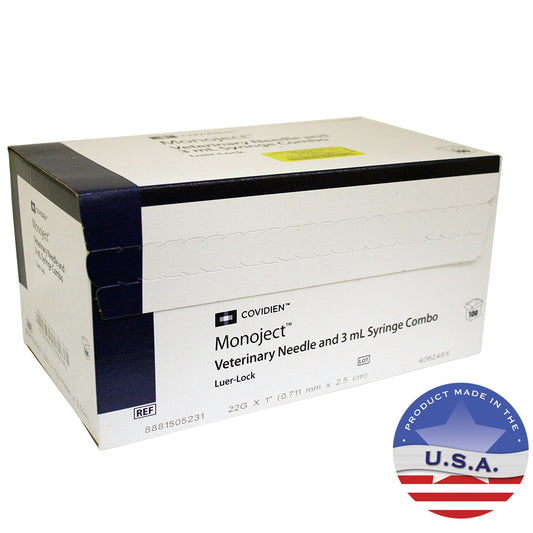 Monoject Syringes with Needles, 3 cc LL with 22G x 1", 100 ct