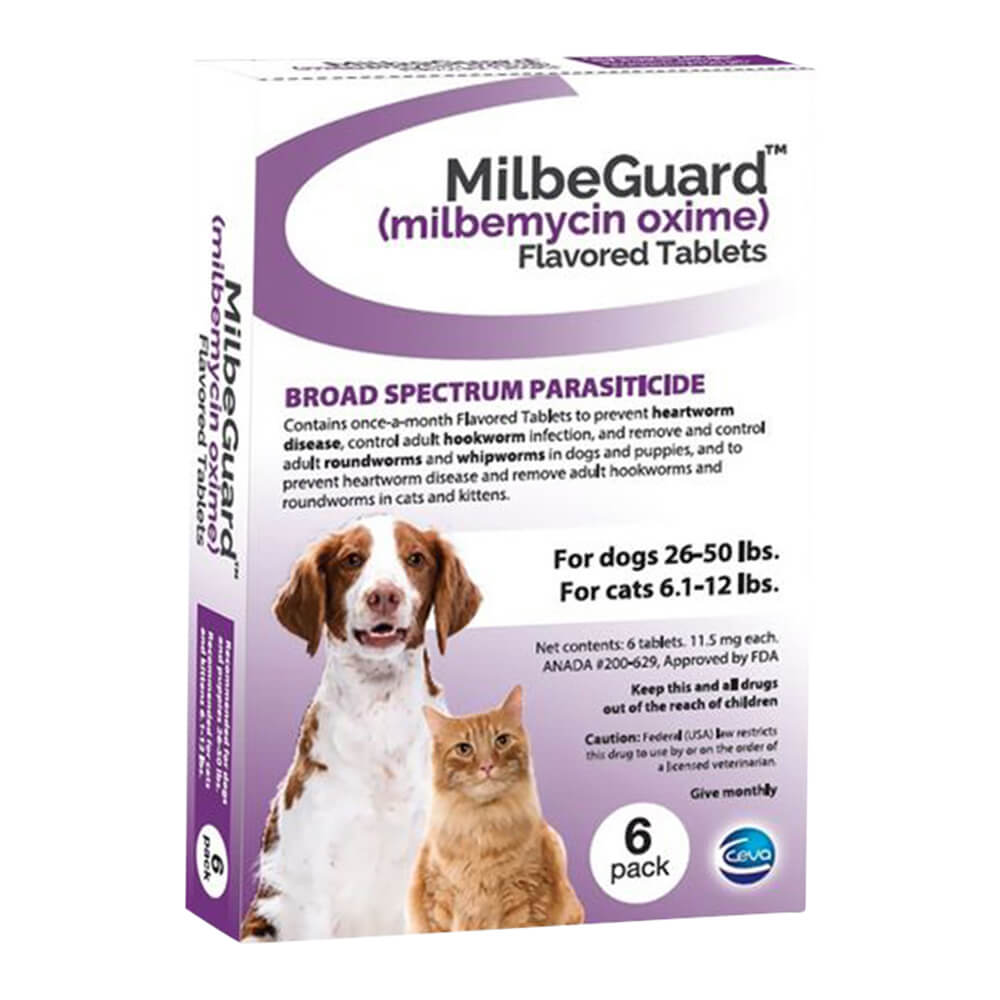 Rx Milbeguard Dog 26-50lb Cat 6.1-12lb (أرجواني) × 6 أقراص