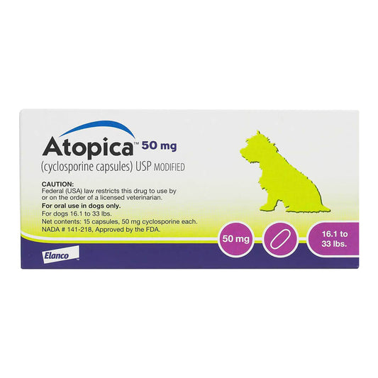 Atopica para perros, 50 mg, 15 cápsulas, 7,3-15 kg, con receta médica