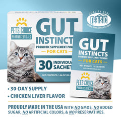 Pet's Choice Gut Instincts Probiotic Supplement Powder Packets for Cats, 30 ct, Veterinary Formulated Cat Probiotics with Vitamins for Gut Health, Digestive Balance, Diarrhea Support, Chicken Flavor
