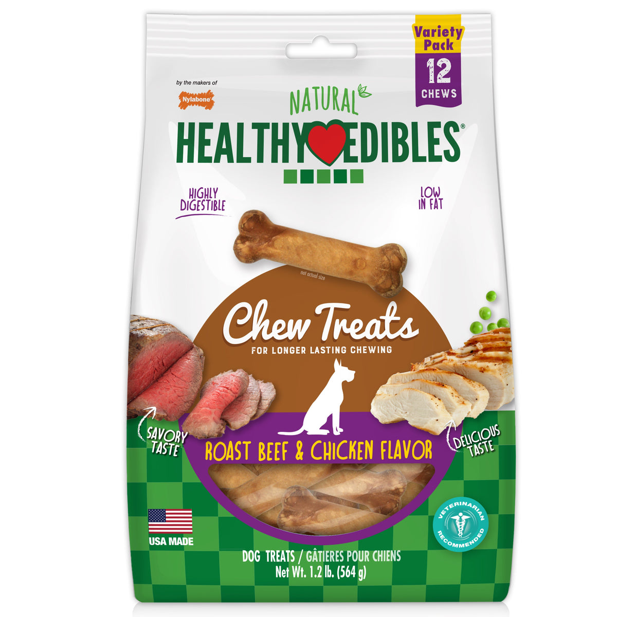Nylabone Healthy Edibles AllNatural Long Lasting Roast Beef and Chicken Dog Chew Treats Variety, SMall/Regular  Up To 25 Ibs. 12 ct