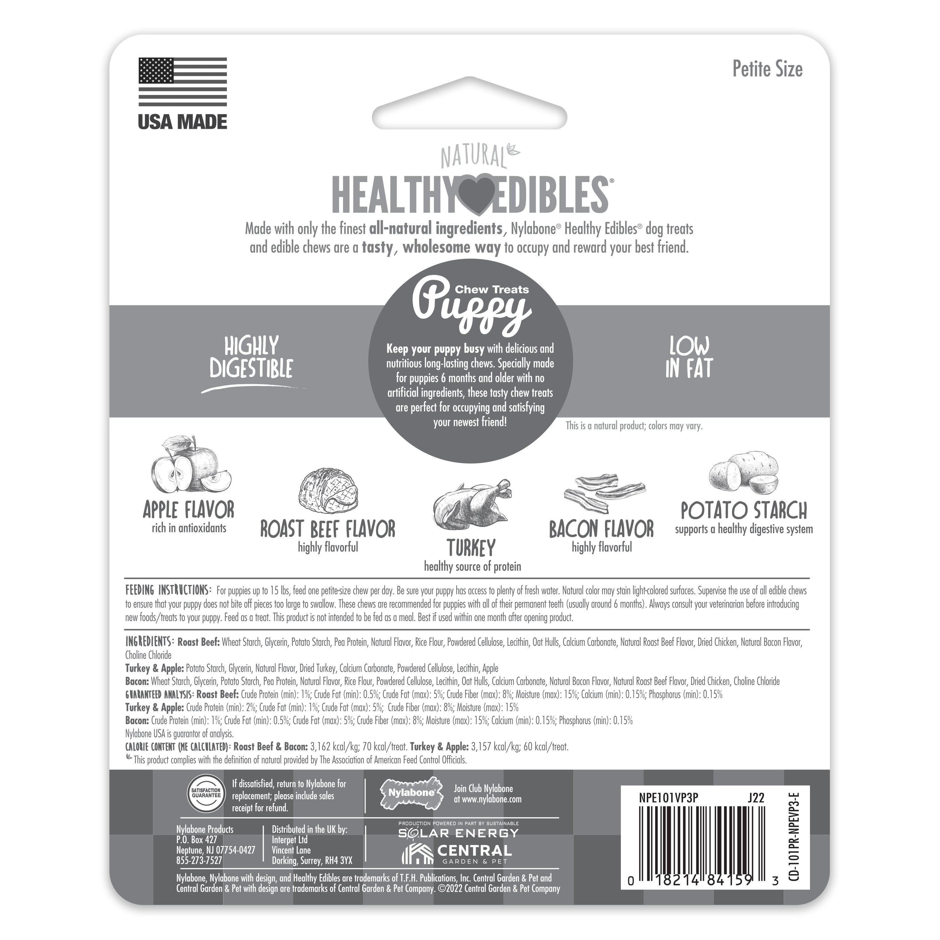 Nylabone Healthy Edibles Puppy Natural Long Lasting Variety Dog Chew Treats Roast Beef, Turkey,  Apple,  Bacon, XS/Petite  Up To 15 Lbs. 3 ct