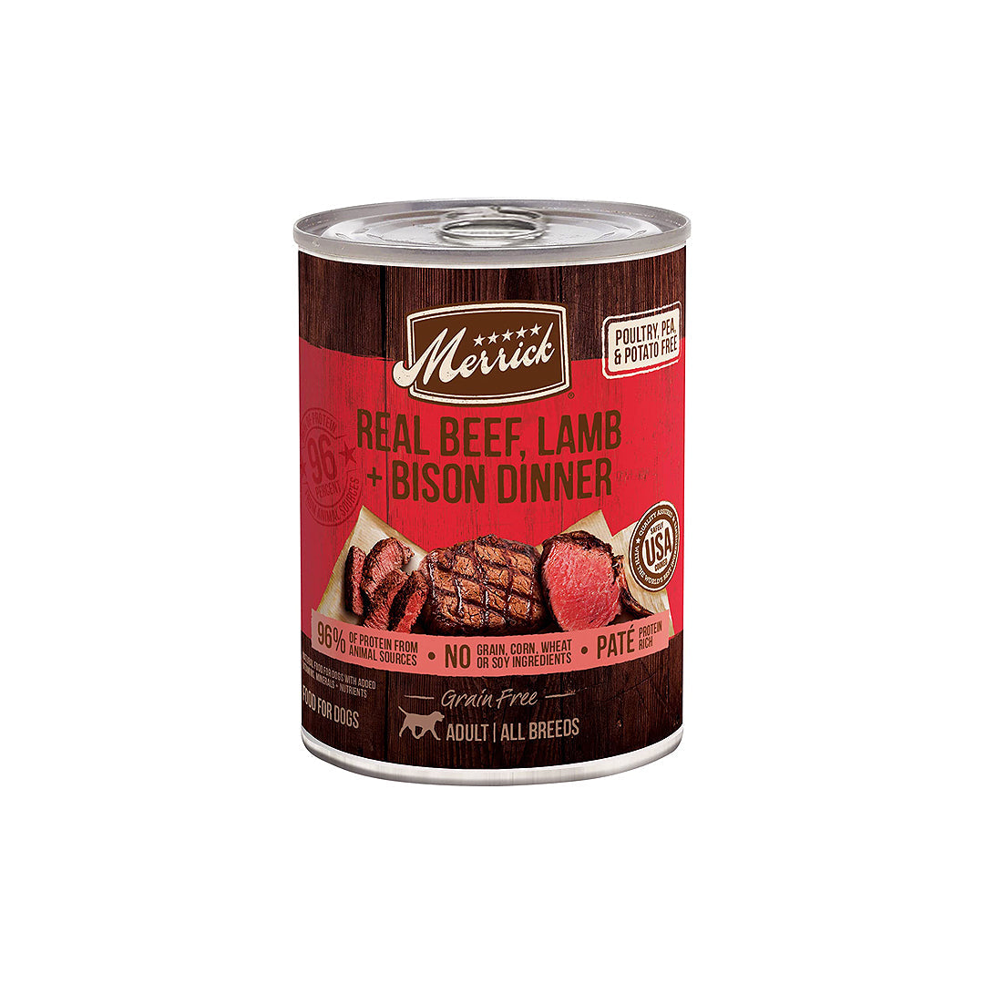 Merrick Dog Grain Free 96% Beef Lamb and Buffalo 12.7 Oz.(Case Of 12)