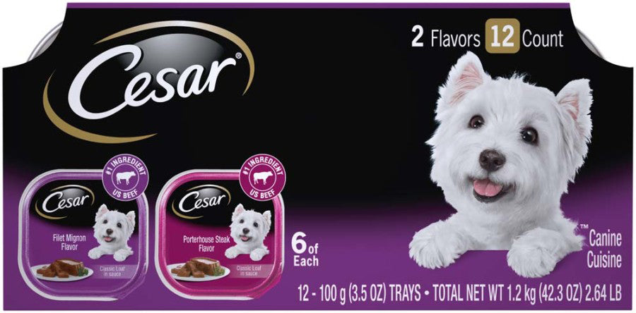 Cesar Classic Loaf in Sauce Adult Wet Dog Food Variety Pack (Filet Mignon, Porterhouse Steak) 42.3oz 12pk