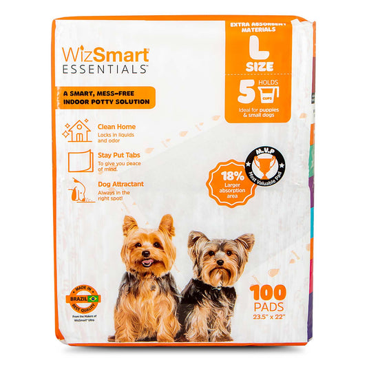 WizSmart Essentials Large Dog Pads, 23.5" x 22", Extra Absorbent Puppy Training Pads, Indoor Potty Pads, Leakproof Gel Pads for Small Dogs, Crate, House, Travel, Eco-Friendly, Non-Slip - 100 Count