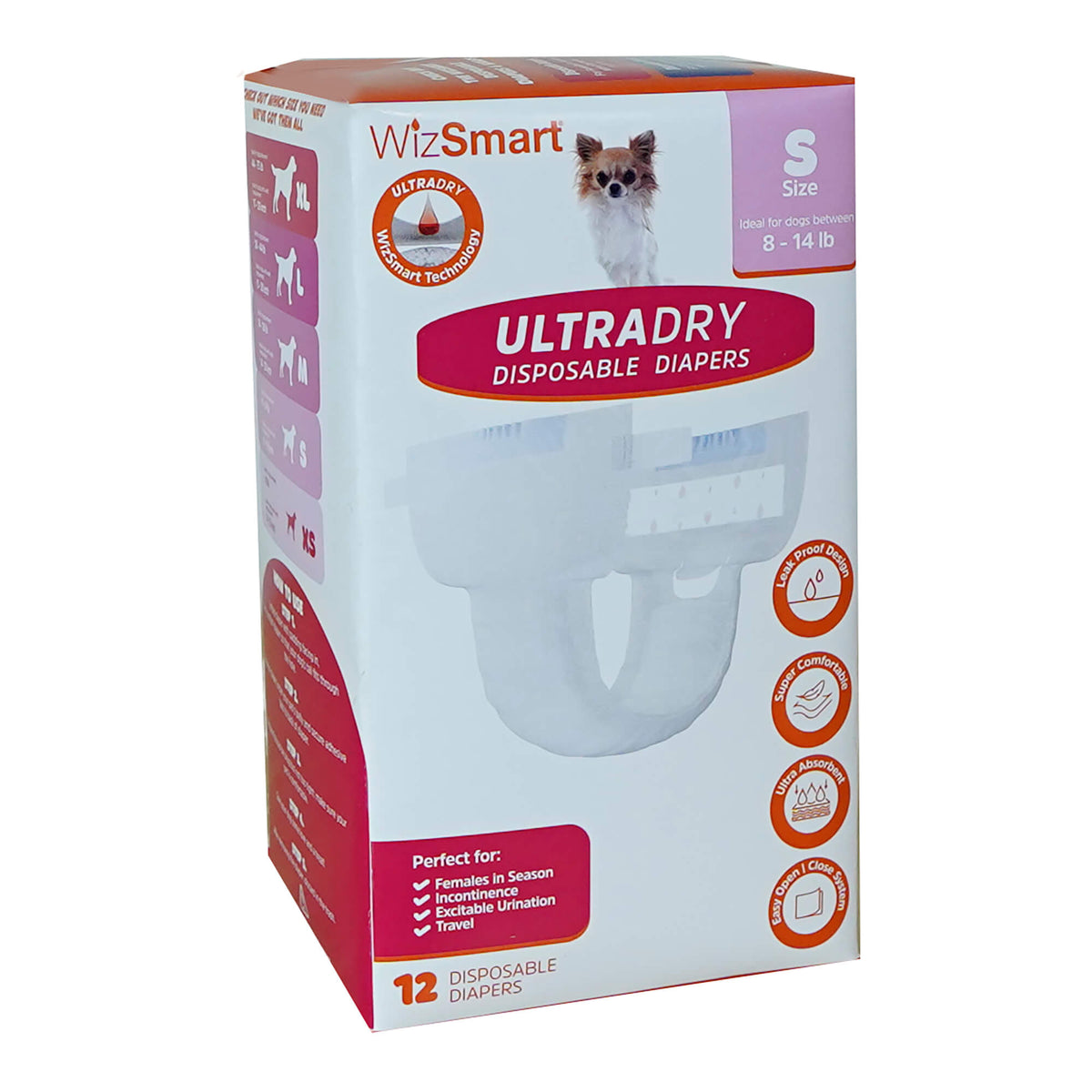 WizSmart Ultra Dry Disposable Dog Diapers, Small, 12 Pack – Leak-Proof Pet Diaper with Tail Hole & Adjustable Tape Tabs, Puppy & Adult Dog, Travel, Heat Cycle, Overnight Protection