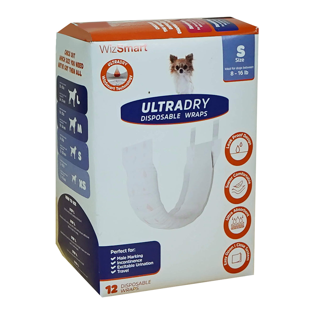 WizSmart Ultra Dry Male Dog Wraps for Small 8-16 lbs Dogs – Disposable Diapers with Leak Protection, Comfort Fit, Fresh Smell for Incontinence, Marking, Urination, Travel or Home - 12 Count