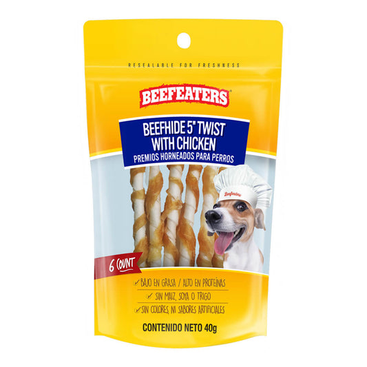 Tiras de piel de res Beefeaters de 5 pulgadas con pollo, 1.41 oz, caja de 12