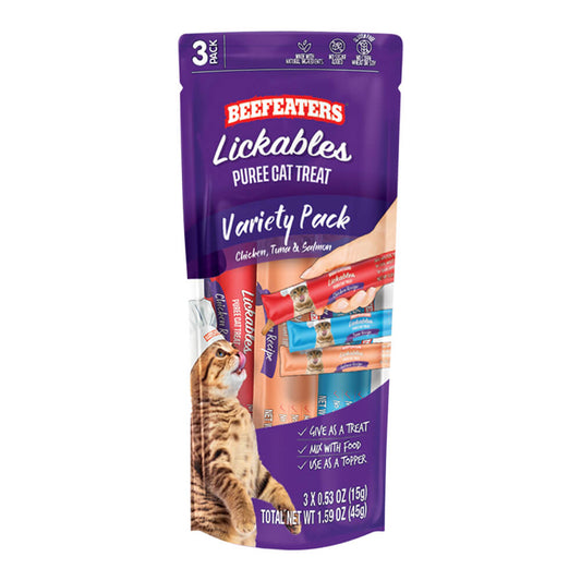 Golosinas para gatos Beefeaters Lickables, puré, surtido, 3 unidades, caja de 12
