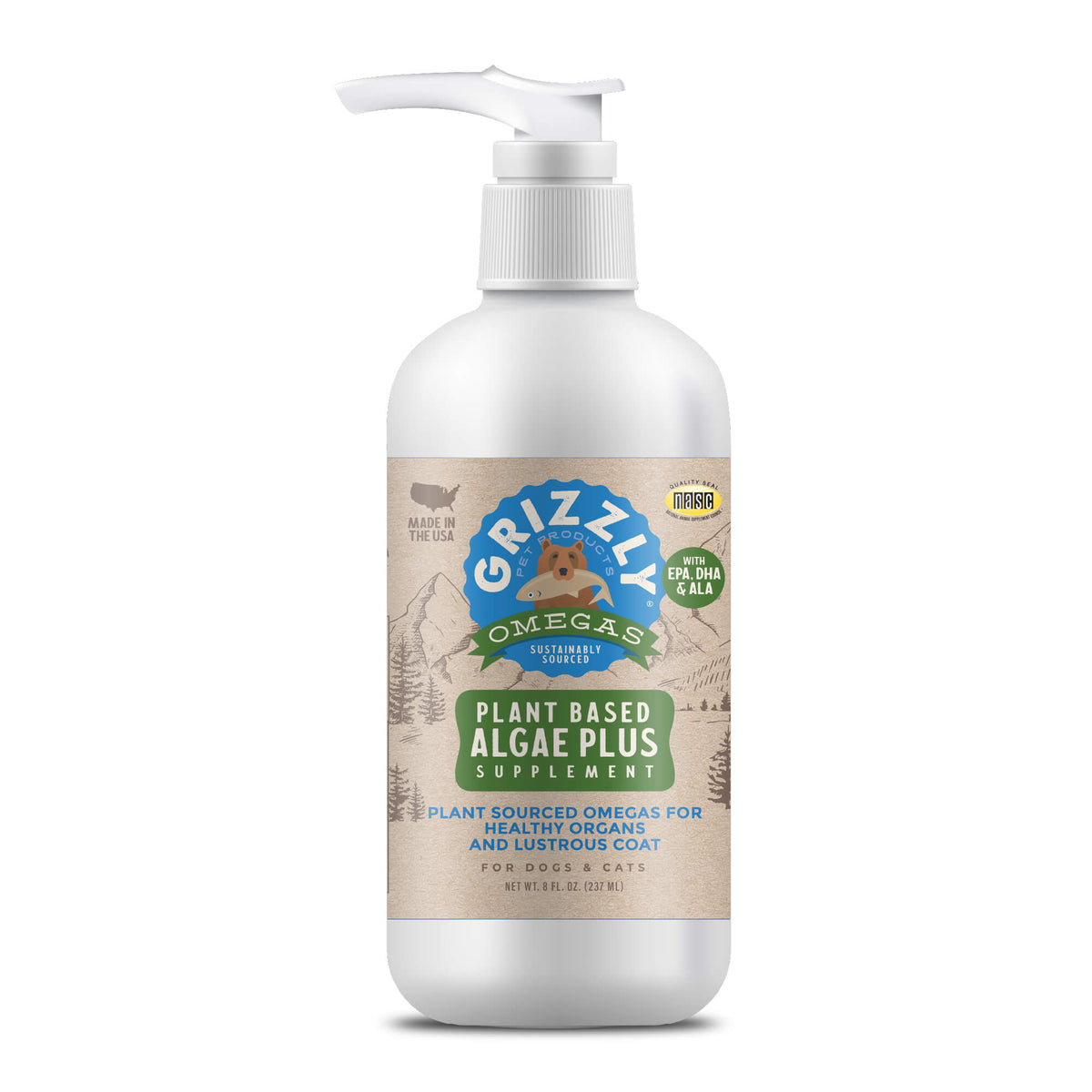 Grizzly Algal Plus Omega 3-6-9 Food Supplement for Dogs and Cats, 8 Ounce Bottle