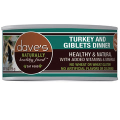 Daves Naturally Healthy Cat Food; Turkey and Giblets Dinner 5.5oz. (Case of 24)