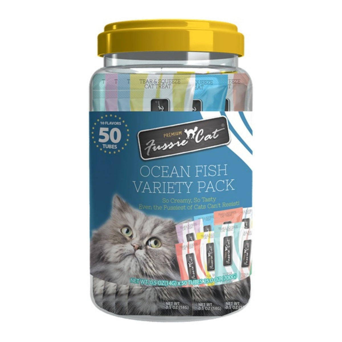 Fussie Cat Puree .5oz. Ocean Fish Variety Pack 50Ct Blue Jar