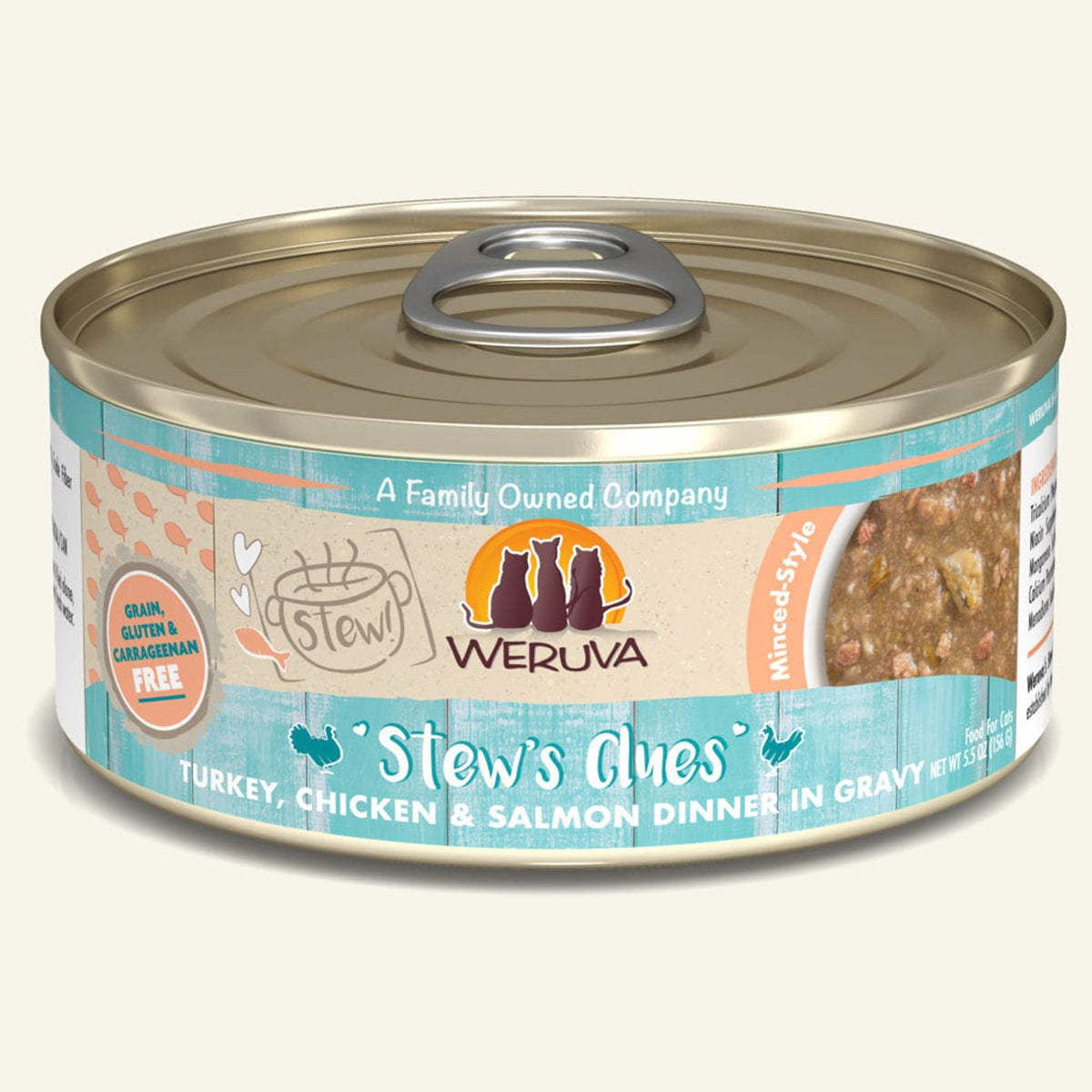 Weruva Cat Stews Clues Turkey; Chicken and Salmon Dinner in Gravy 5.5oz (Case Of 8)