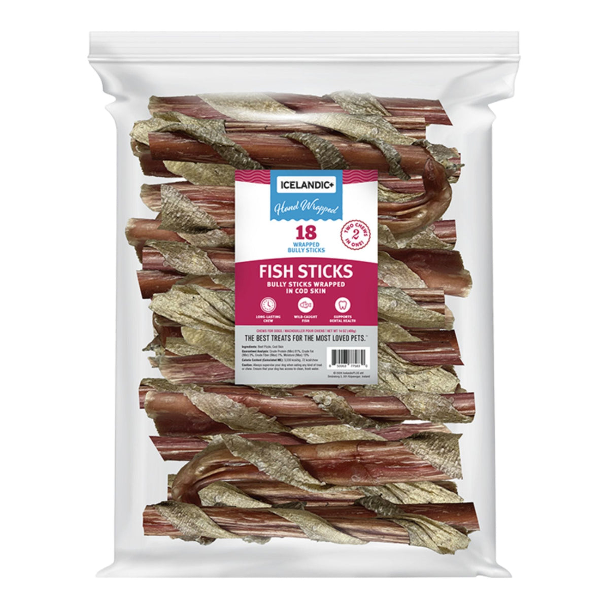 Icelandic Dog Bully Stick Wrapped With Fish Skin 6 Inch Bulk - 18 Pack