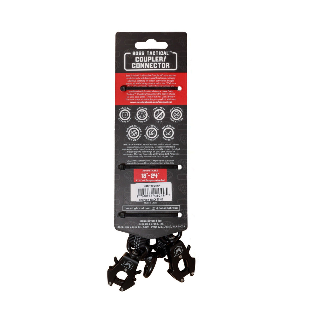 Boss Dog Tactical Adjustable Dual Coupler w/Bungee Black, 1ea/1824 in