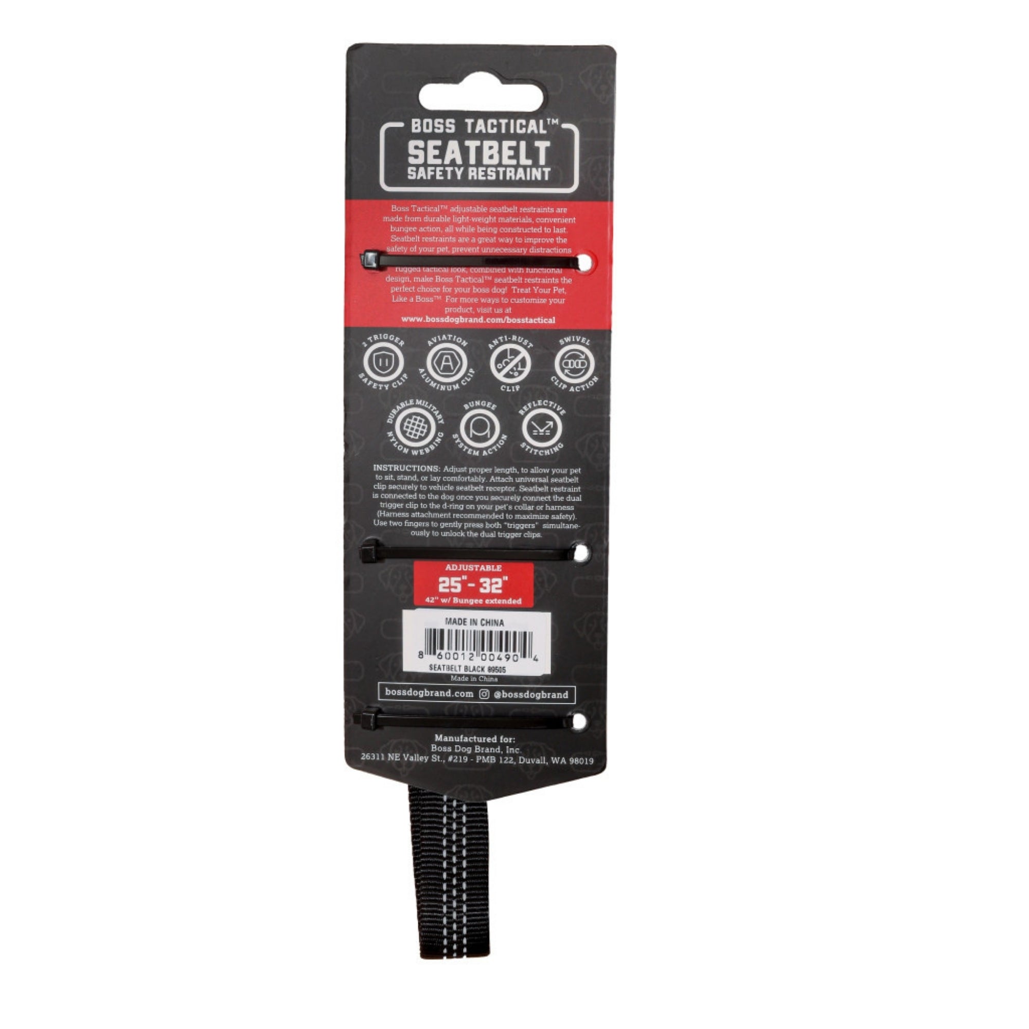 Boss Dog Tactical Seatbelt w/Bungee Black, 1ea/25-32in.