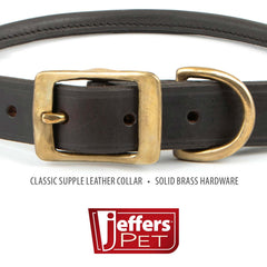 Jeffers Rolled Leather Dog Collar with Brass Hardware, Chestnut Brown - Safe Leather Design, Durable Brass Hardware, Adjustable Round Collar for Long Fur Dogs, Pairs with Leash, 5/8"W x 13"L