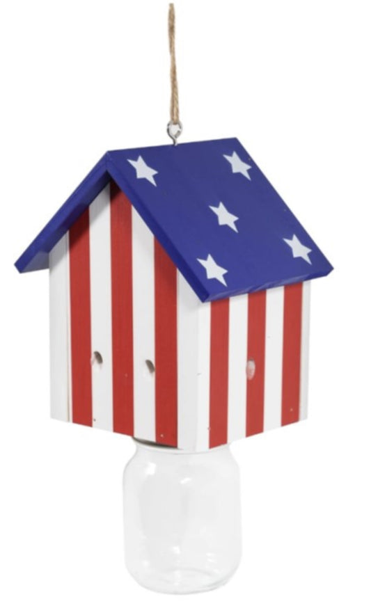 Jeffers Carpenter Bee Trap for Outdoor Use, Natural Pine Wood Bee Catcher, Reusable Wooden Insect Trap with Two Mounting or Hanging Options and Secure Plastic Jar for Patio, Garden, Barn - Flag Style