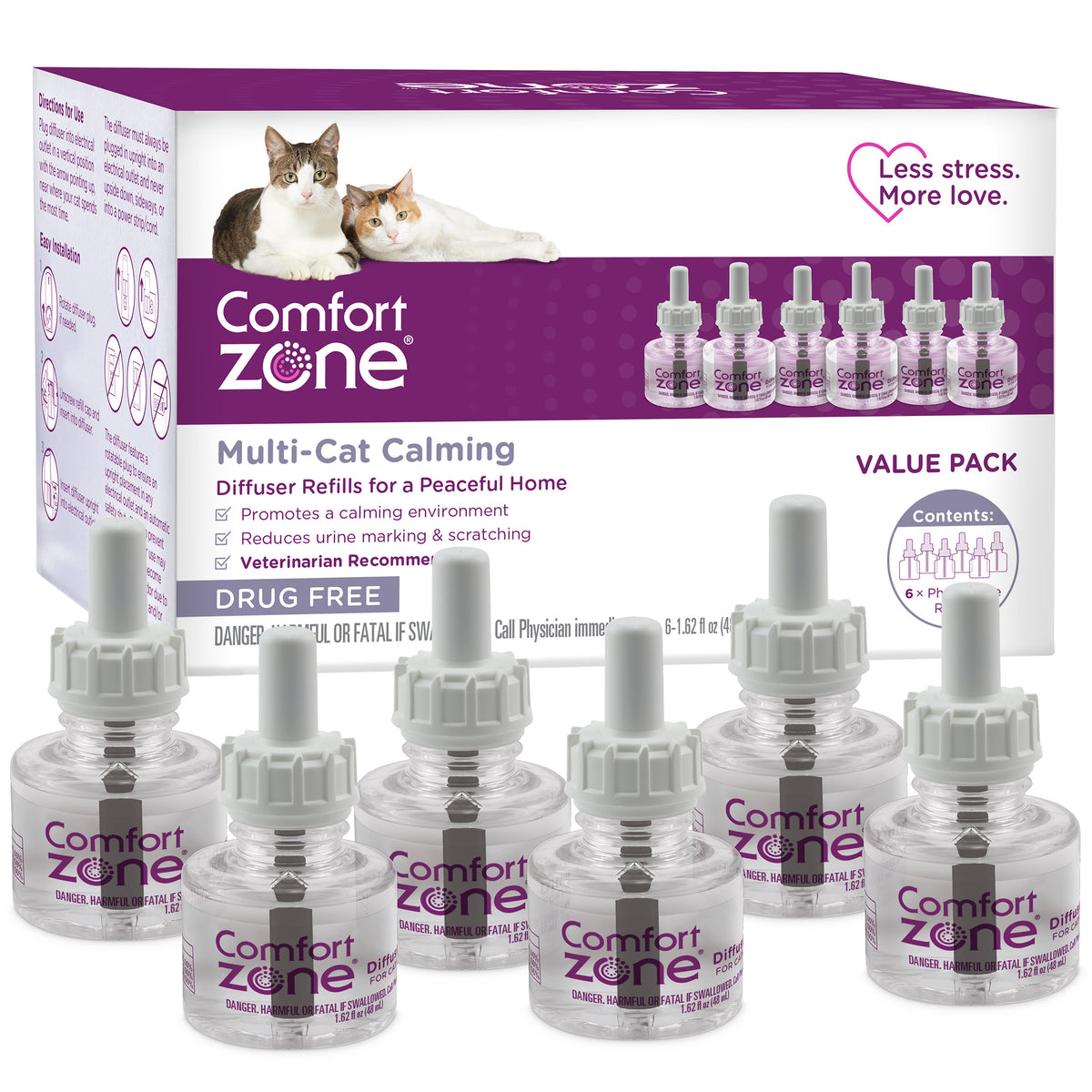 Comfort Zone Multicat Calming Diffuser Refill, 48 ml- 6 Pack, 180 Day Use