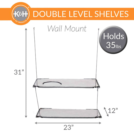 K&H Pet Products Wall Mounted Cat Shelf Double Level Natural 23″ x 12″ x 31″ – KH100550260