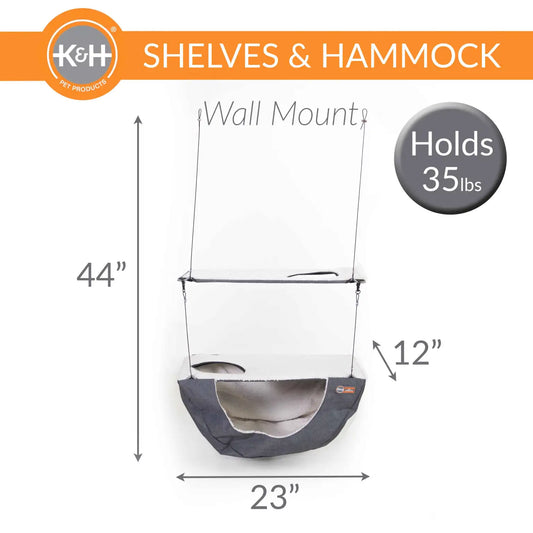 K&H Pet Products Wall Mount Cat Shelf and Cat Hammock Double Shelf Gray 23″ x 12″ x 44″ – KH100550264