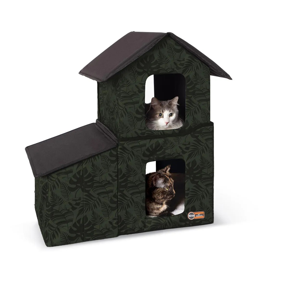 K&H Pet Products Outdoor Two-Story Kitty House with Dining Room Unheated Green 22″ x 27″ x 27″ – KH3671