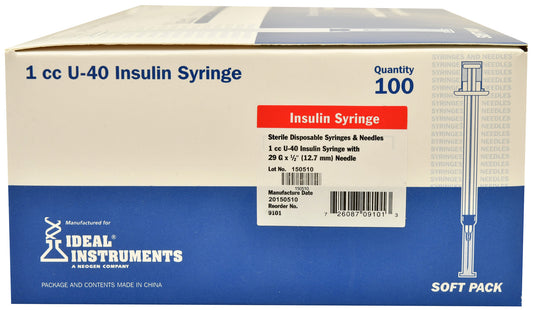 U-40 Insulin Needle/Syringe Combo, 1 cc 29G x 1/2" , 100 Box