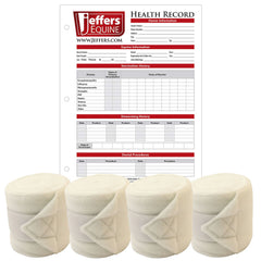 Jeffers Horse Fleece Polo Wraps 4 Pack and Equine Health Record 1 Pack Kit – Leg Wrap Accessories for Training Riding Turnout Stable, Hoof Care Tracker, Equestrian Horse Supplies - White