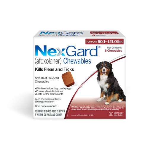Rx Nexgard، للكلاب، 60.1-121 رطل، 6 أقراص مضغ