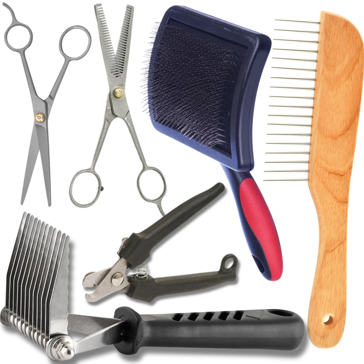 Jeffers Grooming Tools for Pets, 6pc Kit – Nail Clipper, Dematting Rake, Thinning Shears, Scissors, Comb & Brush – Pet Grooming for Dog, Cats, Poodle, Long Haired Breeds – Professional & Home Use