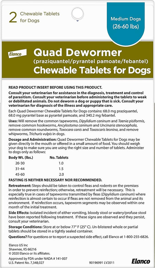 Bayer Quad Dewormer, Medium Dog, 2 chewable tab