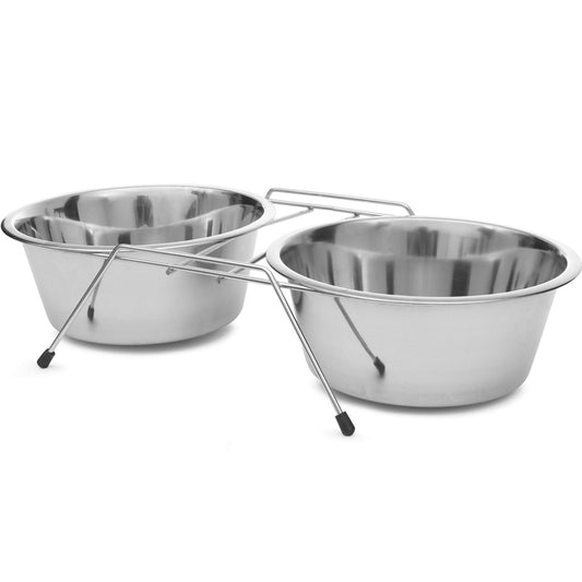 Jeffers Pet Low Profile Stainless Steel Double Diner Pet Bowls with Non-Skid Frame – Dog Bowls & Cat Bowls for Food, Water, Milk, Wet or Dry Pet Food, Puppy, Kitten Feeding Station Set - 32 oz