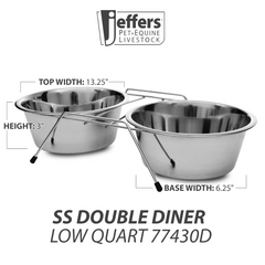 Jeffers Pet Low Profile Stainless Steel Double Diner Pet Bowls with Non-Skid Frame – Dog Bowls & Cat Bowls for Food, Water, Milk, Wet or Dry Pet Food, Puppy, Kitten Feeding Station Set - 64 oz
