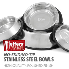 Jeffers No Skid No Tip Stainless Steel Pet Bowls for Dogs & Cats - Non-Slip Food & Water Feeder Dish with Black Rubber Base, Durable Easy to Clean Feeding Bowl for Indoor & Outdoor Use - 1 Quart