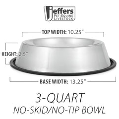 Jeffers No Skid No Tip Stainless Steel Pet Bowls for Dogs & Cats - Non-Slip Food & Water Feeder Dish with Black Rubber Base, Durable Easy to Clean Feeding Bowl for Indoor & Outdoor Use - 3 Quart