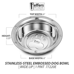 Jeffers Pet Stainless Steel Embossed Wide Lip Pet Bowls for Dog & Cat – Rust Resistant, Non Tip Rubber Base, Durable Food & Water Bowls, Dishwasher Safe, Odor Free, Home Travel Camping  -1 Pint