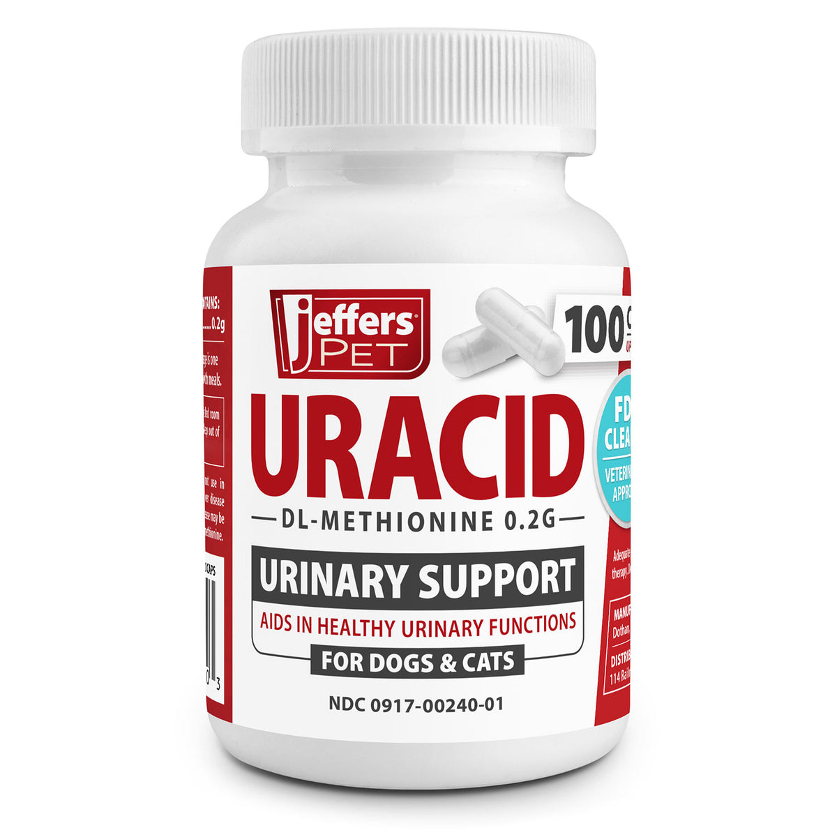 Jeffers Pet Uracid DL-Methionine Capsules for Dogs & Cats, Urinary pH Acidifier for Crystals, Bladder Stones, Urinary Tract Support, Fast Acting Urinary Health Supplement, Made in USA - 100 Capsule
