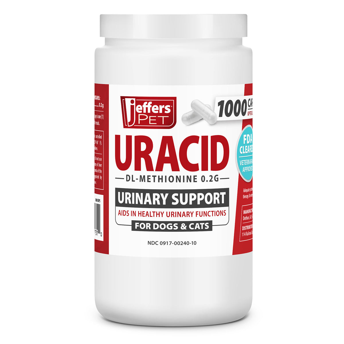 Jeffers Pet Uracid DL-Methionine Capsules for Dogs & Cats, Urinary pH Acidifier for Crystals, Bladder Stones, Urinary Tract Support, Fast Acting Urinary Health Supplement, Made in USA - 1000 Capsule