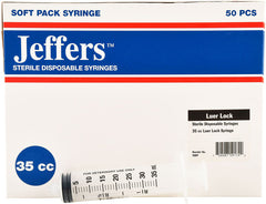 Jeffers Luer Lock Veterinary Syringes for Dog, Cat, Horse, Goat, 35 ml - Sterile Plastic Syringe for Animal Care, Liquid Measurement, Feeding, Irrigation, Autoclavable, No Needles - 50 count