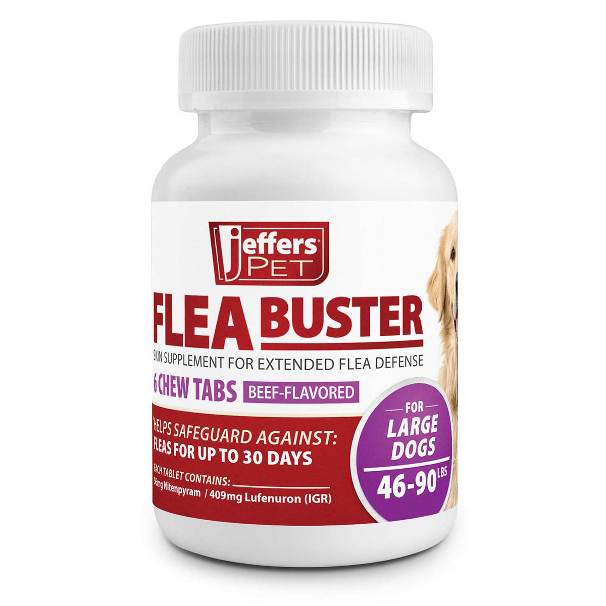 Jeffers Pet Flea Buster Chewable Tablets for Dogs 46-90 lbs, Beef Flavor Supplement for Large Dogs, Monthly Dog Flea Support, Made in USA, Easy to Feed Dog Tablets - 6 Count