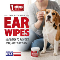 Jeffers Ear Cleaning Wipes for Dogs & Puppies, 100 Count, Alcohol Free, Dog Ear Wipes with Aloe Vera & Eucalyptus Oil, Foaming Ear Cleanser Pads for Wax Buildup, Dirt & Odor, Made in USA