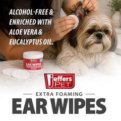 Jeffers Ear Cleaning Wipes for Dogs & Puppies, 100 Count, Alcohol Free, Dog Ear Wipes with Aloe Vera & Eucalyptus Oil, Foaming Ear Cleanser Pads for Wax Buildup, Dirt & Odor, Made in USA