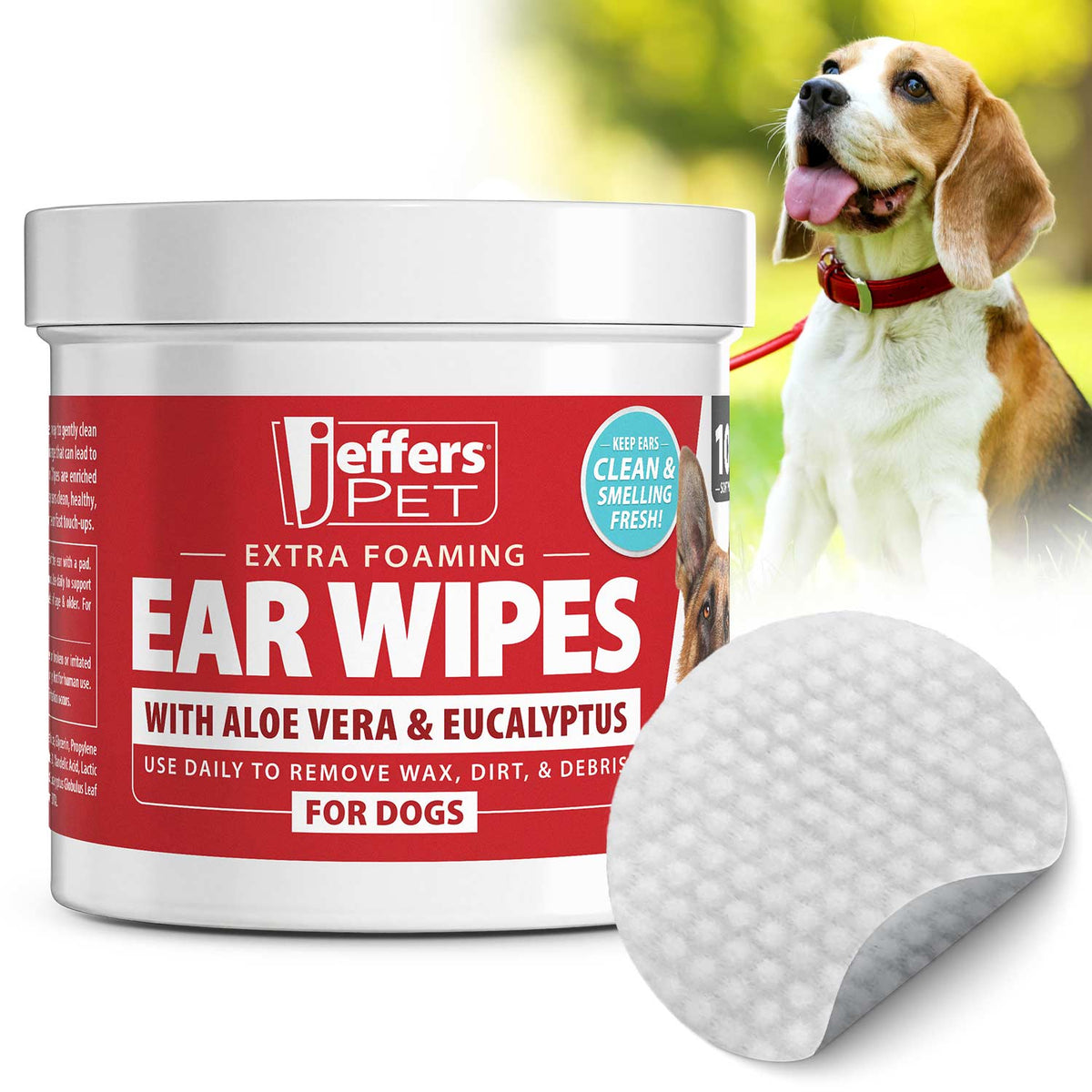 Jeffers Ear Cleaning Wipes for Dogs & Puppies, 100 Count, Alcohol Free, Dog Ear Wipes with Aloe Vera & Eucalyptus Oil, Foaming Ear Cleanser Pads for Wax Buildup, Dirt & Odor, Made in USA