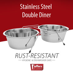 Jeffers Pet Low Profile Stainless Steel Double Diner Pet Bowls with Non-Skid Frame – Dog Bowls & Cat Bowls for Food, Water, Milk, Wet or Dry Pet Food, Puppy, Kitten Feeding Station Set - 64 oz