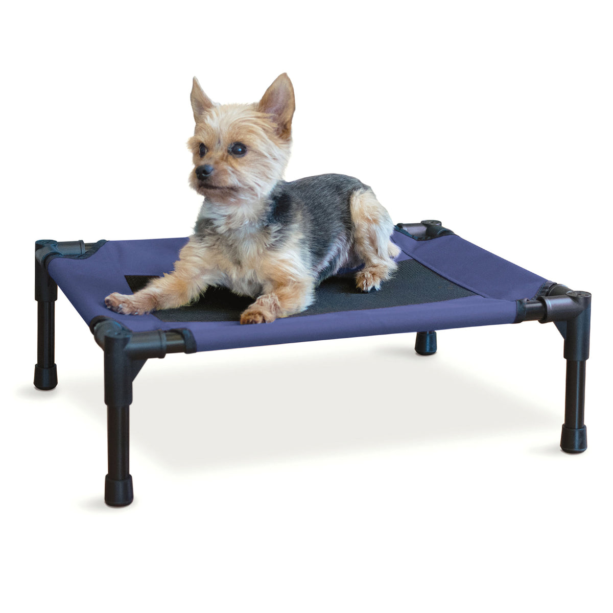 Cama elevada para mascotas, pequeña. Color: azul marino.