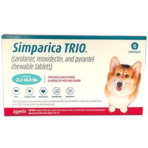 Rx Simparica Trio blue 22.1-44lbs x 6 أقراص