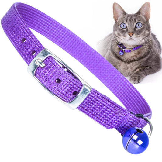 Jeffers Adjustable Nylon Cat Collar with Bell – Stretch Safety Section, 3/8" Wide, Fits Kittens & Cats, Compatible with GPS Tracker, Airtag, Name Tag – Indoor Outdoor Pet Collars - Solid Purple