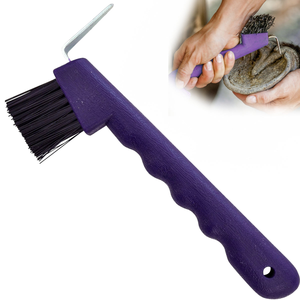 Jeffers Equine Hoof Pick & Brush, Purple – Horse Hoof Cleaning Tool for Grooming, Farrier, Equestrian Care – Durable Hoof Pick with Stiff Bristles  – 4 inch Easy Grip Handle