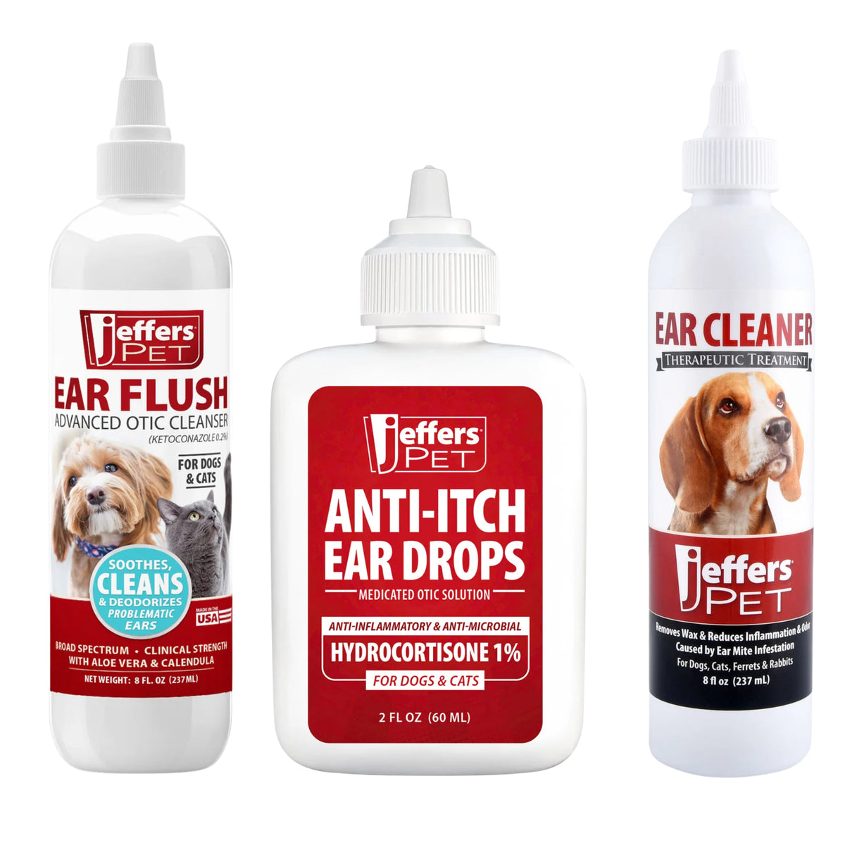 Jeffers Complete Pet Ear Grooming Kit – Ear Wash, Flush & Drops for Dogs & Cats – Routine Cleaning & Odor Contro